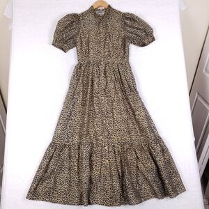 Avara Leopard Puff Sleeve Tiered Maxi Dress Size M Brown